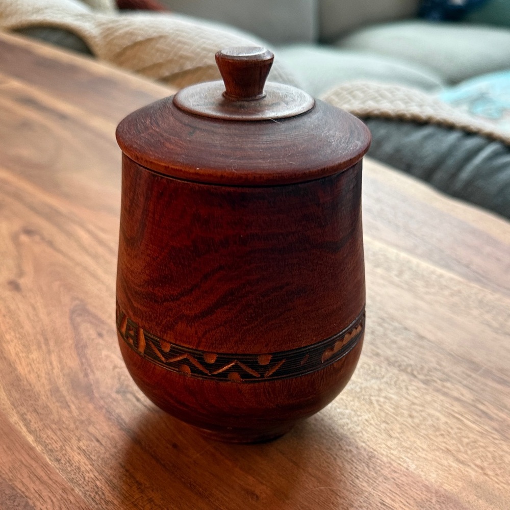 Carved Wooden Lidded Jar with Inlay Detail - Rich Mahogany Tone